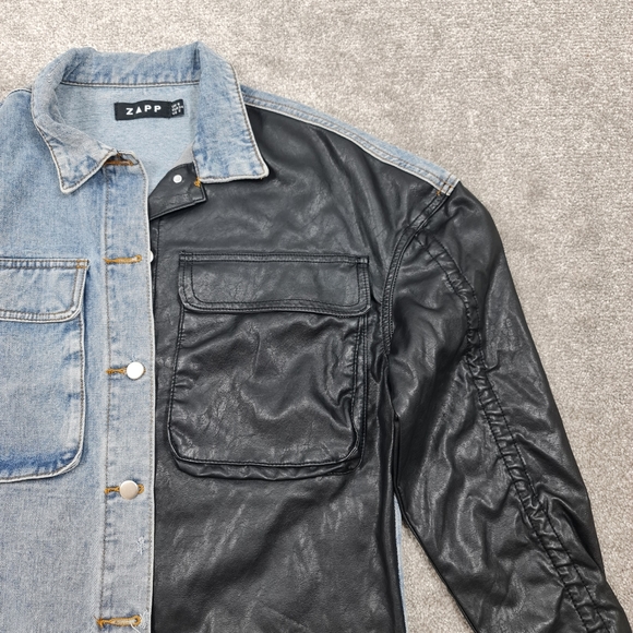 Zapp Oversized UK 6 Colour block Denim Jacket Blue & Black Pleather - Picture 2 of 6